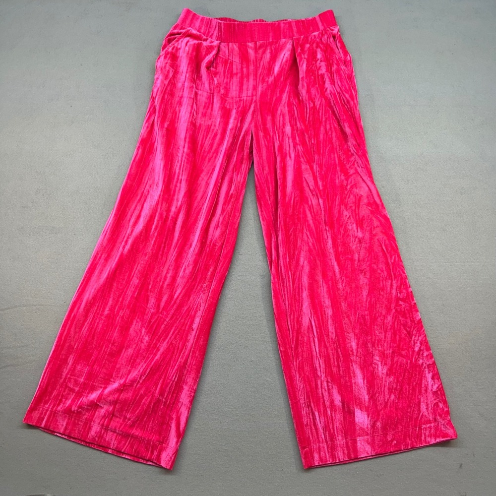 A New Day Pink Crushed Velvet Wide Leg Pants Women Small Elastic Waist Pockets